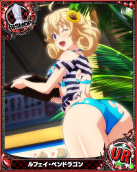 Rule 34 | 1girl, ass, bikini, bishop (chess), blonde hair, blue bikini, blue eyes, breasts, card (medium), character name, chess piece, high school dxd, high school dxd hero, le fay pendragon, looking at viewer, medium breasts, official art, one eye closed, open mouth, smile, solo, source request, swimsuit, thighhighs, torn bikini, torn clothes, trading card