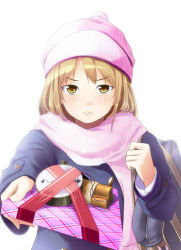 Rule 34 | 1girl, bad id, bad pixiv id, bag, bomb, brown eyes, brown hair, clock, coat, dynamite, explosive, frown, gift, hat, holding, holding gift, long hair, original, pink scarf, ribbon, scarf, simple background, solo, time bomb, tsundere, valentine, yoropa