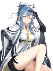 Rule 34 | 1girl, ;d, absurdres, anientte, arknights, bare legs, black gloves, black shorts, blue eyes, blue hair, braid, breasts, cleavage, coat, cup, detached collar, dragon horns, eyeshadow, feet out of frame, gloves, highres, holding, holding cup, horns, knee up, large breasts, ling (arknights), long hair, long sleeves, looking at viewer, makeup, multicolored hair, one eye closed, open clothes, open coat, open mouth, parted lips, shirt, short shorts, shorts, simple background, smile, solo, streaked hair, two-tone hair, underbust, very long hair, white background, white coat, white hair, white shirt, wide sleeves