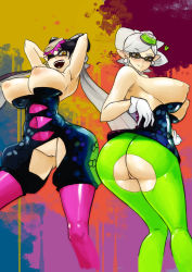 Rule 34 | 2girls, absurdres, armpits, arms up, ass, black hair, blush, breasts, brown eyes, callie (splatoon), cleft of venus, cousins, crotch cutout, functionally nude, green legwear, highres, huge ass, inkling, large breasts, looking at viewer, marie (splatoon), multiple girls, naughty face, nintendo, nipples, pantyhose, pointy ears, presenting, purple legwear, pussy, splatoon (series), splatoon 1, tentacle hair, torn clothes, torn legwear, uncensored, white hair, witchking00