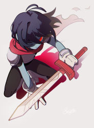 Rule 34 | 1other, antenna hair, armor, black bodysuit, black hair, blue skin, bodysuit, boots, closed mouth, colored skin, deltarune, gloves, grey background, hair between eyes, hair over one eye, highres, holding, holding sword, holding weapon, kris (deltarune), looking at viewer, red eyes, red scarf, scarf, senjochi janai, shaded face, shadow, short hair, simple background, solo, squatting, sword, torn clothes, torn scarf, twitter username, weapon, white gloves