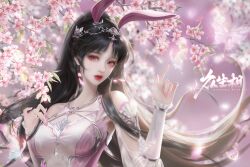 Rule 34 | 1girl, animal ears, black hair, cherry blossoms, douluo dalu, dress, earrings, falling petals, glowing, hair ornament, highres, jewelry, long hair, looking at viewer, ni gu la si xiao la ji, parted lips, petals, pink dress, pink eyes, pink nails, ponytail, rabbit ears, second-party source, solo, teeth, upper body, xiao wu (douluo dalu)