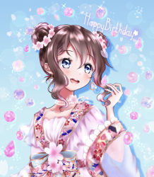 Rule 34 | 1girl, alternate hairstyle, aqua eyes, artist name, artist request, blue eyes, blue sky, blush, bow, breasts, brown hair, cherry blossom fairy (love live!), cloud, collarbone, day, double bun, dress, falling petals, female focus, floating hair, floral print, flower, flower print, green bow, hair between eyes, hair bun, hair flower, hair ornament, japanese clothes, jewelry, kimono, long hair, long sleeves, looking at viewer, love live!, love live! nijigasaki high school idol club, love live! school idol festival, love live! school idol festival all stars, multicolored hair, nail, nail polish, necklace, osaka shizuku, outdoors, parted lips, pearl necklace, petals, pink bow, pink flower, pink nails, pink petals, plaid, plaid dress, pleated, pleated dress, skirt, sky, small breasts, smile, solo, sparkle, upper body, wavy hair, white dress, white kimono, white skirt, wide sleeves