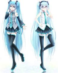 Rule 34 | 2girls, aqua eyes, aqua hair, bad id, bad pixiv id, boots, detached sleeves, dual persona, glasses, hand on own hip, hatsune miku, headphones, headset, highres, hip focus, lat model (mikumikudance), long hair, lunatic (phantasy), multiple girls, necktie, open mouth, simple background, skirt, thigh boots, thighhighs, twintails, very long hair, vocaloid, zettai ryouiki