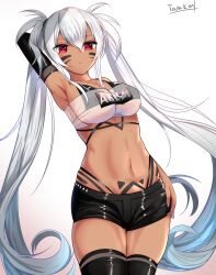 Rule 34 | 1girl, alabama (azur lane), arm up, armpits, azur lane, bandeau, bikini, bikini under clothes, black shorts, black thighhighs, breasts, cleavage, clothes writing, collarbone, commentary request, cowboy shot, dark-skinned female, dark skin, facial mark, gradient background, hair between eyes, highres, large breasts, long hair, looking at viewer, midriff, navel, partial commentary, red eyes, short shorts, shorts, solo, standing, stomach, strapless, swimsuit, tarakon, thighhighs, thighs, tube top, twintails, very long hair, whisker markings, white background, white hair