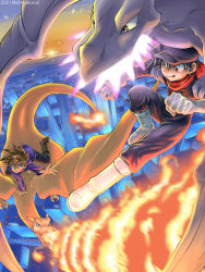 Rule 34 | 2boys, :q, aerodactyl, black hair, blue oak, boots, breath weapon, breathing fire, brown footwear, brown hair, charizard, city, clenched hands, closed mouth, commentary request, creatures (company), fire, flame-tipped tail, game freak, gen 1 pokemon, gloves, grey headwear, grey pants, hat, highres, jacket, kibisakura2, male focus, multiple boys, nintendo, outdoors, pants, pokemon, pokemon (creature), pokemon adventures, purple shirt, red (pokemon), red scarf, riding, riding pokemon, scarf, shirt, smile, spiked hair, tongue, tongue out, white footwear, white gloves