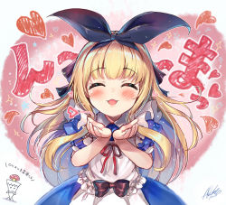 Rule 34 | 1girl, :d, ^ ^, akabane (zebrasmise), apron, black ribbon, blonde hair, blowing kiss, blue dress, blush, closed eyes, collared dress, commentary request, dress, facing viewer, fingernails, hair ribbon, hands up, heart, long hair, maid apron, mononobe alice, mononobe alice (1st costume), nijisanji, open mouth, puffy short sleeves, puffy sleeves, red ribbon, ribbon, short sleeves, signature, smile, solo, sparkle, translation request, very long hair, virtual youtuber, white apron