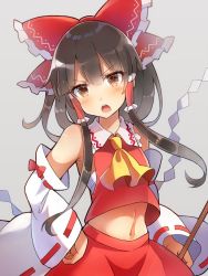 Rule 34 | 1girl, 60mai, ascot, bare shoulders, black hair, bow, brown eyes, commentary request, cowboy shot, crop top, detached sleeves, frilled shirt collar, frills, gohei, grey background, hair between eyes, hair bow, hair tubes, hakurei reimu, hand on own hip, head tilt, holding, long hair, long sleeves, looking at viewer, midriff, navel, open mouth, red bow, red skirt, ribbon-trimmed sleeves, ribbon trim, sarashi, shide, sidelocks, simple background, skirt, skirt set, solo, standing, stomach, touhou, v-shaped eyebrows, wide sleeves, yellow ascot