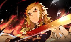 Rule 34 | 1boy, absurdres, black jacket, blonde hair, cape, cizzi, closed mouth, commentary request, forked eyebrows, highres, jacket, katana, kimetsu no yaiba, long hair, male focus, multicolored hair, red eyes, red hair, rengoku kyoujurou, smile, solo, streaked hair, sword, thick eyebrows, translation request, weapon, white cape