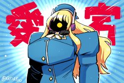 Rule 34 | 1girl, atago (kancolle), blonde hair, blue background, blue headwear, blue jacket, bow, bowtie, breasts, clothed robot, commentary request, copyright request, emphasis lines, highres, jacket, kantai collection, large breasts, long sleeves, looking at viewer, one-hour drawing challenge, outline, rariatto (ganguri), robot, robot ears, shockwave (transformers), solo, transformers, translation request, twitter username, upper body, white outline