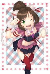 Rule 34 | 10s, 1girl, ;d, animal ears, boots, brown hair, cat ears, cat tail, fang, garter straps, green eyes, highres, idolmaster, idolmaster cinderella girls, knee boots, looking at viewer, maekawa miku, matsuharu (lip-mil), midriff, navel, one eye closed, open mouth, red thighhighs, short hair, skirt, smile, solo, standing, standing on one leg, swept bangs, tail, thighhighs
