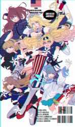 Rule 34 | 6+girls, american flag, american flag legwear, anaglyph, anno88888, aqua hair, bad id, bad twitter id, blonde hair, breast pocket, breasts, brown hair, character name, chromatic aberration, cleavage, commentary, dixie cup hat, double bun, elbow gloves, english commentary, gambier bay (kancolle), gloves, grin, hair bun, hat, headgear, highres, intrepid (kancolle), iowa (kancolle), johnston (kancolle), kantai collection, large breasts, long hair, long sleeves, medium breasts, military hat, multiple girls, open mouth, pleated skirt, pocket, ponytail, sailor collar, samuel b. roberts (kancolle), saratoga (kancolle), school uniform, serafuku, shaded face, short hair, short sleeves, simple background, skirt, smile, star (symbol), thighhighs, twintails, two side up, white background