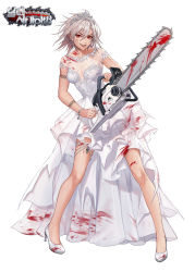 Rule 34 | 11ama, 1girl, black survival, blood, blood on clothes, blood on face, bloody weapon, bracelet, breasts, chainsaw, cleavage, crown, dress, earrings, evil grin, evil smile, full body, grin, hair between eyes, high heels, highres, holding, holding chainsaw, jackie (black survival), jackie quilt, jewelry, looking at viewer, medium hair, official art, open mouth, red eyes, short sleeves, silver hair, simple background, smile, solo, teeth, weapon, wedding dress, white background, white dress, white footwear