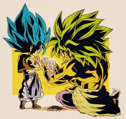 Rule 34 | 2boys, beige background, black footwear, blue eyes, blue hair, broly (dragon ball super), card, chibi, clothes around waist, commentary request, crossed arms, crossed legs, dragon ball, dragon ball super, dragon ball super broly, expressionless, facial scar, fenyon, fingernails, food, food in mouth, food on face, full body, gogeta, green hair, holding, holding card, legendary super saiyan, male focus, multiple boys, muscular, no pupils, pants, playing card, profile, purple legwear, rock, scar, scar on cheek, scar on face, simple background, sitting, spiked hair, spread legs, square, standing, super saiyan, super saiyan blue, topless male, twitter username, waist cape, waistcoat, white pants, wristband, yellow background