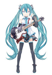 Rule 34 | 1girl, anklet, aqua eyes, aqua hair, arm up, bare shoulders, belt, breasts, detached sleeves, electric guitar, full body, guitar, hair ornament, hatsune miku, highres, holding, holding instrument, instrument, jewelry, kari kenji, long hair, looking at viewer, nail polish, shirt, skirt, sleeveless, sleeveless shirt, small breasts, smile, solo, spiked anklet, standing, thighhighs, twintails, very long hair, vocaloid, white background, white shirt, zettai ryouiki