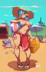 Rule 34 | 1boy, 1girl, 2017, aged up, artist name, beach, bikini, blue eyes, blue hair, blurry, breasts, cleavage, commentary, contrapposto, covered erect nipples, day, depth of field, erection, feet, full body, grin, hat, inkling, inkling boy, inkling girl, inkling player character, large breasts, long hair, long legs, maizken, matching hair/eyes, mature female, navel, nintendo, picnic basket, pointy ears, puffy nipples, sandals, sarong, smile, soft focus, splatoon (series), standing, striped bikini, striped clothes, sun hat, swimsuit, tattoo, tentacle hair, thighs, toes, underboob