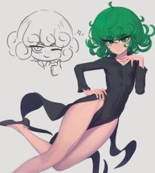 Rule 34 | 1girl, absurdres, black dress, breasts, chibi, closed mouth, curly hair, daniel deves, dress, green eyes, green hair, grey background, highres, long sleeves, looking at viewer, matching hair/eyes, one-punch man, one eye closed, shoes, short hair, simple background, sketch, small breasts, smile, solo, tatsumaki, telekinesis, thumbs up, white background, wink