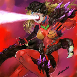 Rule 34 | 1girl, attack, blonde hair, blue eyes, bodysuit, bracer, breasts, breasts apart, breath weapon, claws, creator connection, crossover, dragon girl, dragon tail, energy beam, fighting stance, from side, fusion, gloves, glowing, godzilla, godzilla (series), hair between eyes, heterochromia, highres, ikuyoan, long hair, looking to the side, monster girl, neon genesis evangelion, open mouth, pilot suit, plugsuit, red eyes, scales, shin godzilla, signature, solo, souryuu asuka langley, tail, turtleneck, wide-eyed, yellow eyes