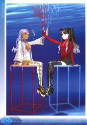 Rule 34 | 2girls, absurdres, ahoge, bindi, black bow, black footwear, black hair, black skirt, blue background, blue eyes, boots, bow, closed mouth, cube, dark-skinned female, dark skin, detached collar, expressionless, fate/extra, fate (series), fingerless gloves, glasses, gloves, hair bow, hair over shoulder, highres, laces, long hair, looking away, multiple girls, official art, purple eyes, purple hair, rani viii, red gloves, red shirt, scan, shirt, shoes, sitting, skirt, symmetry, thigh boots, thighhighs, tohsaka rin, two side up, wada arco, white legwear