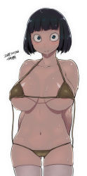 Rule 34 | 1girl, areola slip, arms behind back, bare shoulders, bikini, black hair, blue eyes, blunt bangs, blush, bob cut, breasts, closed mouth, covered erect nipples, cowboy shot, dated, gluteal fold, huge breasts, looking at viewer, navel, original, pubic stubble, signature, simple background, skindentation, solo, standing, swimsuit, thighhighs, tsukudani (coke-buta), wet, white background, white thighhighs, yellow bikini