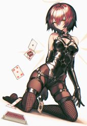 Rule 34 | 1girl, ace (playing card), ace of clubs, alternate costume, arknights, bare shoulders, black gloves, black leotard, bondage outfit, breasts, brown thighhighs, card, closed mouth, club (shape), commentary request, elbow gloves, exusiai (arknights), fishnet thighhighs, fishnets, full body, gloves, gluteal fold, harness, highleg, highleg leotard, highres, holding, holding card, king (playing card), king of hearts (playing card), kneeling, latex, latex gloves, latex leotard, leotard, looking at viewer, no shoes, o-ring, orange eyes, pantyhose, playing card, red hair, shiny clothes, short hair, skindentation, small breasts, solo, thighhighs, thighhighs over pantyhose, thighhighs pull, veilrain