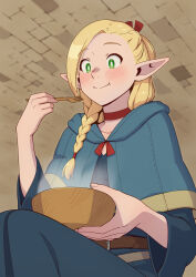 Rule 34 | 1girl, belt, blonde hair, blue capelet, blue robe, blush, bowl, braid, bright pupils, brown belt, capelet, choker, closed mouth, dungeon meshi, eating, fork, green eyes, hair over shoulder, hand up, highres, holding, holding bowl, holding fork, long hair, long sleeves, marcille donato, multiple braids, pointy ears, porupurucha, red choker, robe, sitting, smile, solo, variant set, white pupils