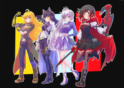 Rule 34 | 4girls, :o, ahoge, animal ears, arm ribbon, belt, black background, black dress, black footwear, black hair, black legwear, blake belladonna, blonde hair, blue eyes, breasts, brown jacket, cape, cape hold, cat ears, cloak, closed mouth, coattails, combination weapon, commentary request, corset, crescent rose, cropped jacket, dress, earrings, ember celica (rwby), extra ears, flexing, floral print, frilled dress, frills, gambol shroud, gradient hair, grey eyes, hand on hilt, high collar, high heels, highres, holding, holding scythe, holding weapon, hood, hooded cloak, iesupa, jacket, jewelry, large breasts, long hair, long sleeves, looking at viewer, midriff, multicolored hair, multiple girls, myrtenaster, navel, necklace, pendant, pistol sword, prosthesis, prosthetic arm, purple eyes, red cape, red hair, ribbon, rose print, ruby rose, rwby, scar, scar across eye, scar on face, scythe, short hair, side ponytail, smile, smirk, standing, standing on one leg, thighhighs, tiara, two-tone hair, wavy hair, weapon, weiss schnee, white hair, yang xiao long, yellow eyes