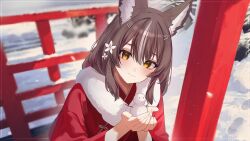 1girl absurdres animal_ear_fluff animal_ears artist_request blurry blurry_background brown_hair chisaka_airi closed_mouth colored_inner_hair flower footprints grey_hair hair_flower hair_ornament hairpin highres holding_snowman japanese_clothes kimono multicolored_hair phase_connect purple_hair red_kimono second-party_source snow solo torii virtual_youtuber white_flower wolf_ears wolf_girl yellow_eyes