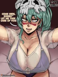 1girl artist_name bare_shoulders bleach breasts collarbone english_text facial_mark female_focus green_hair highres huge_breasts large_breasts long_hair looking_at_viewer mask mask_on_head mobubeinglewd nelliel_tu_odelschwanck open_mouth patreon_username ponytail scar scar_on_face see-through_clothes see-through_shirt shirt sitting skull_on_head sweat swimsuit variant_set yellow_eyes