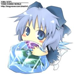 Rule 34 | 1girl, blue eyes, blue hair, blush, bow, chibi, cirno, dress, embodiment of scarlet devil, female focus, frog, full body, hair bow, ice, ice cube, matching hair/eyes, simple background, solo, touhou, v-shaped eyebrows, watermark, web address, white background, wings