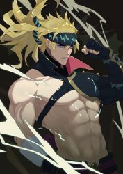 Rule 34 | 1boy, abs, absurdres, bara, blonde hair, blue eyes, chest harness, commentary request, fate/grand order, fate (series), fingerless gloves, gloves, harness, haruakira, headband, highres, igote, long hair, looking at viewer, male focus, mature male, muscular, muscular male, official alternate costume, pectorals, sakata kintoki (fate), sakata kintoki (heian warrior attire) (fate), single bare shoulder, solo, weapon