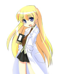 Rule 34 | 00s, 1girl, :d, blonde hair, brown necktie, child, hands in pockets, lab coat, long hair, looking at viewer, miniskirt, necktie, no nose, open mouth, pani poni dash!, pleated skirt, rebecca miyamoto, simple background, skirt, smile, solo, umekichi, white background