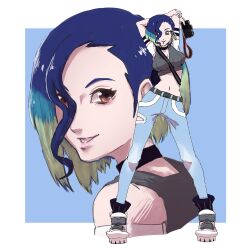Rule 34 | 1girl, arms up, bare shoulders, belt, blue background, blue hair, border, breasts, brown eyes, camera, choker, cleavage, clenched hands, collarbone, creatures (company), crop top, denim, eyelashes, female focus, full body, game freak, gradient hair, hair over one eye, hand on own elbow, happy, highres, holding, holding camera, jeans, legs, lips, long legs, looking back, medium breasts, medium hair, midriff, multicolored hair, multiple views, navel, neck, nintendo, pants, parted bangs, parted lips, perrin (pokemon), platform footwear, pokemon, pokemon sv, shoes, short sleeves, smile, sneakers, spread legs, standing, thighs, tight clothes, tight pants, torn clothes, torn pants, two-tone hair, two-tone shirt, white border, white footwear, yuzumikan121