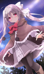 Rule 34 | 1girl, black pantyhose, blush, boots, bow, brown cloak, brown footwear, cloak, closed mouth, commentary request, copyright request, cross-laced footwear, dutch angle, frilled cloak, grey hair, grey skirt, hair between eyes, hair bow, highres, hood, hood down, hooded cloak, knee boots, kouda suzu, lace-up boots, long hair, long sleeves, looking at viewer, night, night sky, ooarai school uniform, outdoors, pantyhose, pleated skirt, pom pom (clothes), red bow, red eyes, school uniform, skirt, sky, smile, solo, star (sky), starry sky, twintails, very long hair, white bow
