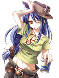 Rule 34 | 1girl, adjusting clothes, adjusting headwear, belt, blue hair, blush, brown eyes, can, diffraction spikes, glasses, hat, highres, long hair, midriff, monety, mouth hold, navel, one eye closed, orange eyes, original, panties, red-framed eyewear, simple background, solo, star (symbol), striped clothes, striped panties, unbuttoned, underwear, white background, wink