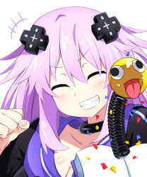 Rule 34 | 1girl, adult neptune, black choker, blush, breasts, choker, cleavage, clenched hand, collarbone, d-pad, d-pad hair ornament, closed eyes, facing viewer, grin, hair between eyes, hair ornament, hand up, highres, hood, hooded jacket, jacket, kurozero, long hair, medium breasts, neptune (series), shin jigen game neptune vii, simple background, smile, solo, upper body, white background