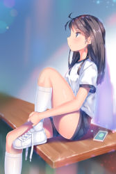 Rule 34 | 1girl, a.x., absurdres, ahoge, bare legs, bench, black hair, black shorts, cellphone, derivative work, grey eyes, gym uniform, highres, kneehighs, legs, medium hair, original, parted lips, phone, photo-referenced, shiny skin, shirt, shoes, short shorts, shorts, sitting, smartphone, socks, solo, thighs, tying shoes, white footwear, white shirt, white socks, wooden bench