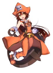 Rule 34 | 1girl, anchor, ankle boots, bad id, bad pixiv id, belt, boots, breasts, brown eyes, brown hair, coattails, covered erect nipples, fingerless gloves, full body, gloves, guilty gear, guilty gear xrd, hat, hi-inu, highres, huge weapon, long hair, may (guilty gear), orange hat, orange shirt, pants, pants rolled up, pirate hat, sailor collar, shirt, sideboob, simple background, skull and crossbones, sleeveless, small breasts, solo, weapon