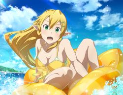 Rule 34 | 1girl, bare arms, bare legs, bikini, blonde hair, blue sky, bow, bracelet, braid, breasts, cleavage, cloud, collarbone, day, floating hair, front-tie bikini top, front-tie top, game cg, green eyes, hair between eyes, hair ornament, jewelry, leafa, lens flare, long hair, looking at viewer, ocean, open mouth, outdoors, pointy ears, sidelocks, sky, solo, sparkle, sweatdrop, swimsuit, sword art online, thighs, twin braids, very long hair, x hair ornament, yellow bikini, yellow bow