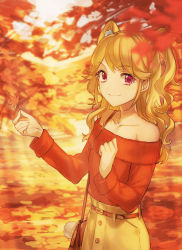 Rule 34 | 1girl, aikatsu!, aikatsu! (series), autumn, autumn leaves, bag, bare shoulders, blonde hair, blurry, blurry foreground, collarbone, handbag, highres, holding, holding leaf, jewelry, leaf, long hair, long sleeves, maple leaf, natsuki mikuru, necklace, off-shoulder sweater, off shoulder, orange sweater, red eyes, ribbed sweater, skirt, solo, standing, star (symbol), star necklace, sunlight, sweater, twintails, wata (attaka towel), yellow skirt