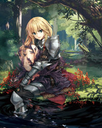 Rule 34 | 1girl, armor, black gloves, blonde hair, blue eyes, braid, chi no ue no paladin, closed mouth, forest, gauntlets, gloves, greaves, hair tubes, highres, knee up, knight, long hair, looking at viewer, luna (reclaimed land), nature, official art, partially submerged, pauldrons, river, serious, shoulder armor, side braid, sitting, skirt, solo, sunlight, torn clothes, torn skirt