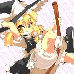 Rule 34 | 1girl, ario, blonde hair, bloomers, broom, dress, female focus, hat, kirisame marisa, ribbon, solo, touhou, underwear, white background, white bloomers, witch, witch hat, yellow eyes