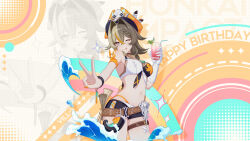 Rule 34 | 1girl, :p, armpits, belly, belt, bracelet, braid, breasts, character name, chinese commentary, cup, drinking straw, gloves, happy birthday, hat, highres, honkai (series), honkai impact 3rd, jewelry, large breasts, looking at viewer, medium hair, midriff, nail polish, navel, official alternate costume, official art, official wallpaper, one eye closed, orange hat, orange nails, pirate hat, single glove, solo, star (symbol), swimsuit, thigh strap, tongue, tongue out, upper body, v, vill-v, white gloves