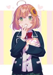 Rule 34 | 1girl, abstract background, absurdres, ahoge, bag, blazer, blue jacket, blush, bow, bowtie, brown hair, buttons, collared shirt, commentary, eating, fingernails, flower, food, green eyes, green skirt, hair flower, hair ornament, hairclip, heart, highres, holding, holding bag, holding food, honma himawari, jacket, long sleeves, looking at viewer, medium hair, nijisanji, open clothes, open jacket, open mouth, pink background, plaid, plaid skirt, pleated skirt, red bow, red bowtie, school uniform, shirt, skirt, snack, solo, striped, striped background, sunflower, sunflower hair ornament, symbol-only commentary, upper body, virtual youtuber, white shirt, yellow background, yumesaki nana