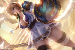 Rule 34 | 1girl, armor, armored dress, black panties, blonde hair, braid, breasts, cameltoe, cleavage, commentary, covered erect nipples, dress, dutch angle, english commentary, falling feathers, feathers, green eyes, hair between eyes, hair ornament, holding, holding shield, holding sword, holding weapon, large breasts, limgae, long hair, looking at viewer, namco, panties, pauldrons, sash, see-through, shield, shoulder armor, single braid, skirt, solo, sophitia alexandra, soul calibur, stairs, standing, statue, sunlight, sword, thighhighs, underwear, weapon, white dress