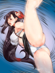 Rule 34 | 1girl, action, bare shoulders, black hair, black skirt, blush, bouncing breasts, breasts, female focus, fighting stance, final fantasy, final fantasy vii, fingerless gloves, gloves, gluteal fold, groin, hand up, highres, itachou, large breasts, leg up, legs, long hair, looking at viewer, looking back, midriff, motion blur, motion lines, navel, open mouth, orange eyes, panties, pantyshot, serious, skirt, solo, source request, standing, standing on one leg, suspenders, sweat, tank top, thighs, tifa lockhart, underwear, upskirt, very long hair, white tank top
