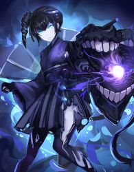 Rule 34 | 10s, 1girl, absurdres, abyssal ship, ancient destroyer oni, ancient destroyer princess, annnna, aqua eyes, black footwear, black hair, black pantyhose, boots, colored skin, drill hair, fingerless gloves, gloves, glowing, glowing eyes, hakama, hakama skirt, highres, japanese clothes, kantai collection, mole, mole under eye, pantyhose, side ponytail, skirt, solo, thigh boots, thighhighs, torn clothes, torn hakama, torn legwear, white skin