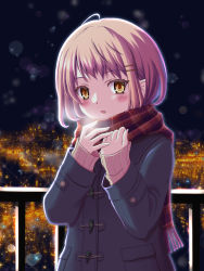 Rule 34 | 1girl, blonde hair, blue coat, blurry, blush, bokeh, breath, cityscape, coat, depth of field, duffel coat, enpera, hair ornament, hairclip, hands up, highres, kagun, looking at viewer, night, open mouth, original, plaid, plaid scarf, railing, scarf, school uniform, sleeves past wrists, solo, sweater, upper body, winter, yellow eyes