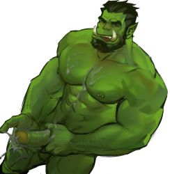 Rule 34 | 1boy, abs, bara, beard, colored skin, completely nude, cum, cum on body, cum on male, cum on pectorals, dopey (dopq), dutch angle, erection, facial hair, fangs, feet out of frame, foreskin, green skin, highres, large pectorals, looking at viewer, male focus, male masturbation, male pubic hair, masturbation, monster boy, muscular, muscular male, navel, navel hair, nipple piercing, nipples, nude, orc, original, pectorals, penis, piercing, pointy ears, pubic hair, short hair, solo, uncensored