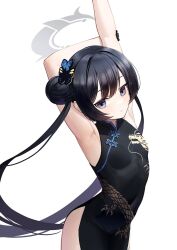 Rule 34 | 1girl, armpits, arms up, black dress, black gloves, black hair, blue archive, breasts, butterfly hair ornament, china dress, chinese clothes, closed mouth, double bun, dress, from side, gloves, gooak, grey eyes, hair bun, hair ornament, half gloves, halo, highres, kisaki (blue archive), long hair, side slit, sidelocks, simple background, small breasts, solo, standing, twintails, upper body, very long hair, white background